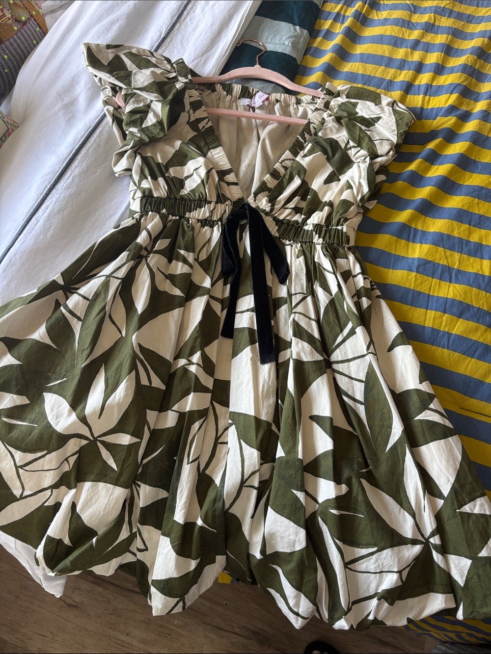 Olive Green & Cream Leaf Print Dress with Ruffle Sleeves